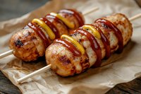 Grilled chicken meatballs on wooden skewers drizzled with mustard and barbecue sauce, served on brown kraft paper, close-up view of juicy street food.