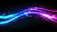 Glowing neon wave with sparkling particles flowing from blue to purple on dark background, dynamic light trail effect creates magical atmosphere.