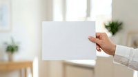 Female hand holding blank white paper sheet in modern bright office interior with green plants and natural light, suitable for mockup, branding, advertising, and presentation purposes.
