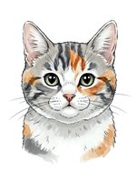 Adorable calico kitten portrait with orange, gray and white fur on isolated background for pet lover designs and feline themed projects.