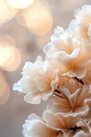 Delicate white petals with soft peach undertones against blurred bokeh background create dreamy floral composition, suitable for romantic and wedding designs.