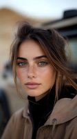 Young woman with striking blue eyes and natural freckles wearing casual autumn outerwear, messy hair blowing in wind. Close up portrait with soft bokeh background.
