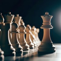 Chess queen piece leading wooden chess set with dramatic lighting and shallow depth of field for strategic business concepts and leadership themes.