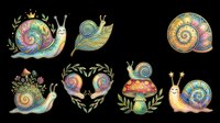 Colorful snails with ornate spiral shells, decorative foliage, and jeweled details isolated on transparent background. Ready for t-shirt design, clipart, stickers, sublimation, and print-on-demand products.