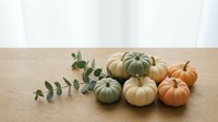 Autumn pumpkins in muted green and orange tones arranged on wooden surface with eucalyptus branch for seasonal home decor and fall harvest celebrations.