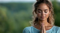 Young Caucasian woman with blonde hair in prayer pose meditating outdoors with closed eyes wearing light blue top in peaceful natural setting.