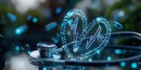 Glowing heart pulse line with stethoscope on dark background with blue bokeh lights, medical healthcare concept for cardiology and heart disease.