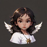 Young Asian girl with dark wavy hair and expressive brown eyes wearing white wings and golden cross necklace against dark background, stylized digital art portrait.