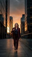 Confident middle-aged Caucasian businesswoman walking through modern financial district at sunset wearing burgundy suit with city skyscrapers backdrop.