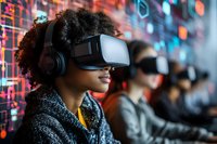 Young African American woman wearing virtual reality headset and headphones smiles while experiencing immersive technology against colorful digital wall background.