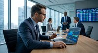 Professional businessman analyzing financial data on laptop in modern corporate boardroom with colleagues discussing market trends and investment strategies.