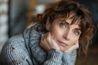 Thoughtful Caucasian woman in cozy gray sweater rests chin on hands, gazing with bright blue eyes and natural curly hair in warm indoor setting.