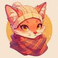 Cozy orange cat character wearing winter knit hat and plaid scarf against yellow circle background, drawn in cute anime style with warm autumn colors.