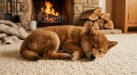 Orange tabby cat sleeping peacefully on cozy rug near warm fireplace with burning logs and firewood stack creating comfortable home atmosphere.