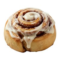 Freshly baked cinnamon roll with white cream cheese frosting dripping over swirled dough, perfect for bakery, food, and breakfast design projects.