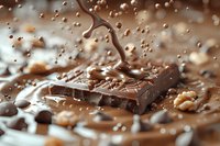 Dark chocolate bar with melting swirl and floating cocoa particles in dynamic composition, nuts scattered around creating appetizing dessert scene.