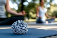 Decorative meditation stone with intricate black and white patterns on yoga mat during outdoor wellness session with blurred practitioners in background.