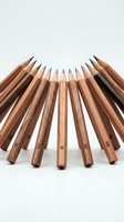 Wooden pencils arranged in semicircle formation on white background for creative design projects and artistic supplies concepts.