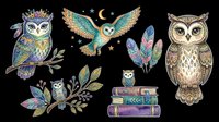 Colorful boho owls set isolated on transparent background, ready for stickers, t-shirt design, sublimation, print on demand, and clipart use.
