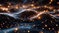 Abstract digital wave pattern with glowing orange particles and flowing blue light curves against dark background creating dynamic futuristic landscape.