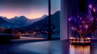 Cozy winter evening with illuminated decorative tree on windowsill against mountain landscape at dusk, creating warm atmospheric ambiance for holiday season.