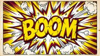 Comic book explosion with BOOM text in yellow letters surrounded by radiating lines and smoke clouds in retro pop art style.
