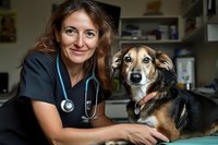 Caucasian female veterinarian with long reddish-brown hair wearing dark scrubs and stethoscope, smiling while examining mixed breed dog with brown and black coat in clinical setting.