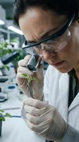 Asian female scientist examining plant seedling with magnifying glass in modern laboratory wearing safety goggles and gloves for botanical research study.