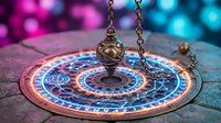 Mystical astrology wheel with ornate bronze pendulum and chain on ancient stone surface. Colorful zodiac circle with cosmic symbols for divination.