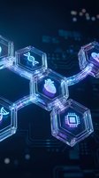 Futuristic hexagonal blockchain network with glowing medical and technology icons connected in digital space for healthcare innovation concepts.