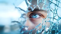 Close-up view of bright blue eye looking through broken glass pattern with dramatic lighting and cold tones, creating mysterious atmospheric composition.