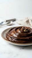 Rich chocolate frosting swirled on ceramic plate with gold flakes, kitchen utensils blurred in background for baking and dessert preparation concepts.