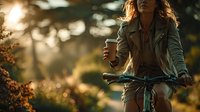 Young woman cycling through autumn park with golden sunlight filtering through trees creating warm atmospheric bokeh background for outdoor lifestyle content.