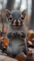 Adorable gray squirrel standing upright with paws clasped together against chest, looking directly at camera with bright eyes among autumn forest leaves.