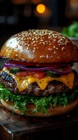 Juicy cheeseburger with melted cheddar, fresh lettuce, red onion rings, and sesame seed bun on wooden board, dark moody restaurant atmosphere with bokeh lights.