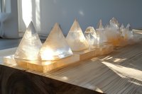 Illuminated crystal pyramids arranged in row on wooden surface with natural sunlight casting shadows, creating mystical atmosphere for meditation and healing space.