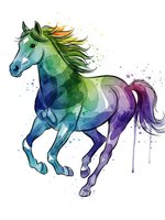 Watercolor unicorn galloping with flowing mane in vibrant blue green purple gradient colors on white background for fantasy art and magical designs.