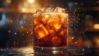 Glass of cola with ice cubes on dark background with bokeh lights and splashes, cold carbonated drink with bubbles and condensation for refreshment.