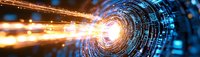 Glowing digital tunnel with streaming light trails and binary code elements creates futuristic technology concept in blue and orange colors.