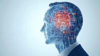 Digital profile silhouette of businessman with glowing neural network pattern inside head showing artificial intelligence and machine learning concept.