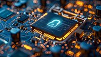Glowing cybersecurity lock icon on computer circuit board with bokeh lights, representing digital data protection and network security technology.