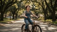 Young woman with curly hair riding vintage bicycle through tree-lined park path on sunny day, enjoying outdoor recreation and healthy lifestyle activity.