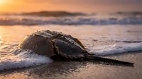 Horseshoe crab on sandy beach at sunset with golden ocean waves and warm light creating peaceful coastal scene for nature and marine life concepts.