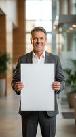 Confident middle-aged Caucasian businessman in gray suit holding blank white paper in modern office lobby for corporate presentations and marketing materials.