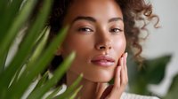 Young mixed race woman with natural curly hair touching face gently near tropical leaves, showing glowing healthy skin and natural beauty makeup in soft light.