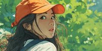 Young Asian woman with long dark hair wearing orange cap looking over shoulder against green foliage background in digital illustration style.
