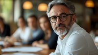 Mature businessman with gray hair and glasses leading meeting in modern office space, professional corporate environment with team in background.