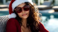 Young Hispanic woman in Santa hat and sunglasses smiling outdoors, wearing red sweater. Natural curly hair and warm expression against blurred pool background. Holiday fashion portrait.