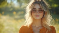 Young blonde woman with round glasses smiling outdoors in warm sunset light, wearing orange top. Natural bokeh background creates dreamy atmosphere. Lifestyle portrait for beauty and fashion.