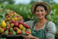 Hispanic female farmer in straw hat and green apron holding fresh harvested organic strawberries in rustic tray against blurred garden background, sustainable agriculture concept.